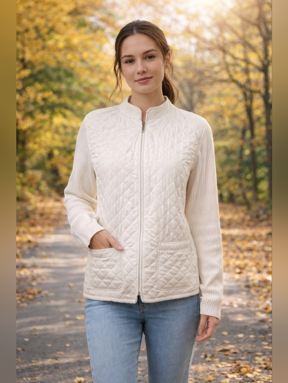 Croft & Barrow Petite Medium Quilted Jacket Cream Zip Front Knit Sleeve Lightwei